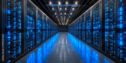 Advanced Data Center with Server Racks and LED Lighting for Digital Infrastructure