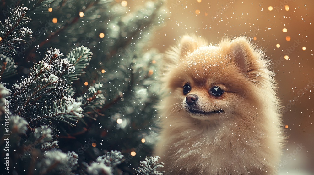 Obraz premium Adorable Pomeranian Dog Near Christmas Tree in a Winter Setting