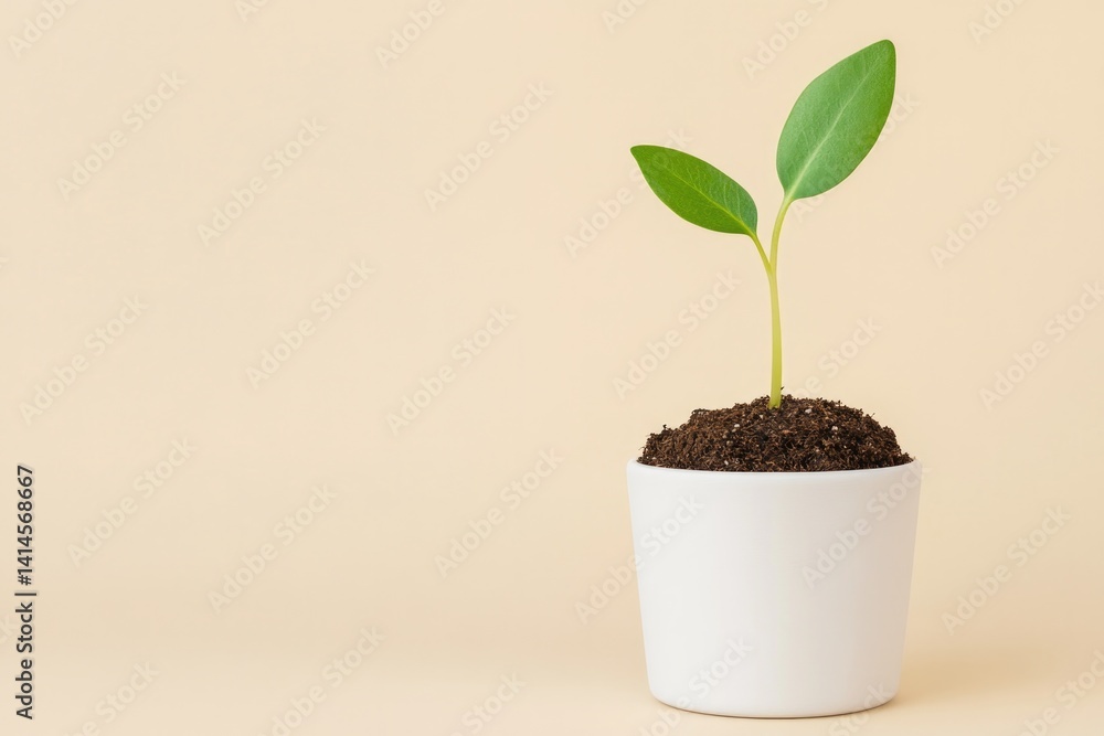 Small green plant emerging from soil in modern white pot against Small green plant emerging from soil in modern white pot against