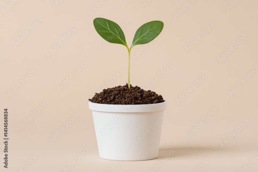 Fresh green seedling emerging from soil in minimalist white pot, Fresh green seedling emerging from soil in minimalist white pot,
