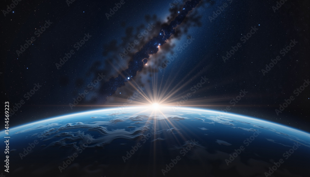 Fototapeta premium Earth Rising Against Stellar Background with Sunlight Reflection 