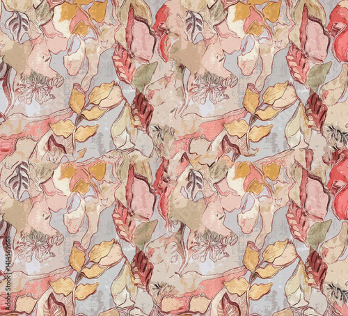 Stylish Seamless Nature Pattern with Leaves and Petals