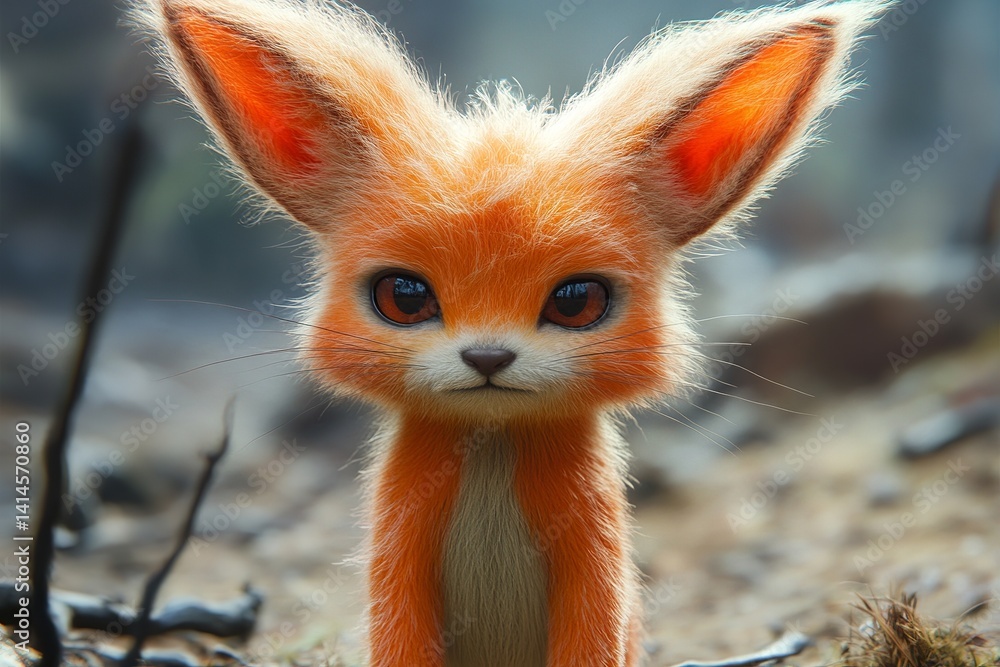 Obraz premium Adorable Orange Fox Kit Digital Art Cute Fantasy Animal Portrait Fluffy Fur Realistic Eyes Wildlife Illustration Charming Creature Imaginary Friend 