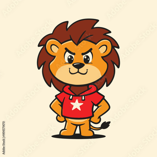 Mascot of little lion with red shirt. lion cartoon, humanized lion, vector. 