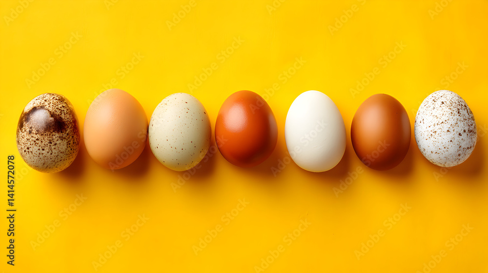 Assorted Eggs on Bright Yellow Background Highlighting Diversity of Shapes, Colors, and Textures for Food or Easter Themes in Culinary Designs Assorted Eggs on Bright Yellow Background Highlighting Diversity of Shapes, Colors, and Textures for Food or Easter Themes in Culinary Designs