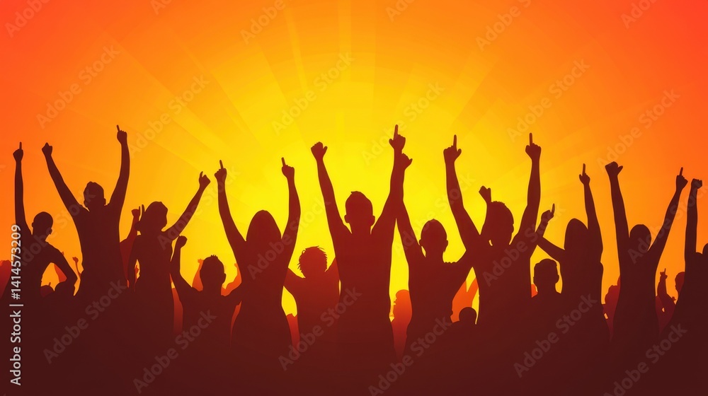 Energetic crowd silhouette at sunset radiating vibrant celebration and passionate unity against a bright orange sky evoking freedom and joy Energetic crowd silhouette at sunset radiating vibrant celebration and passionate unity against a bright orange sky evoking freedom and joy