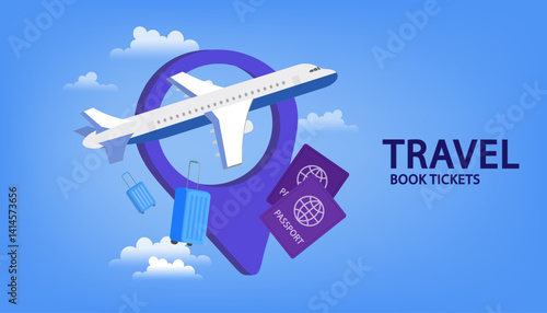 Travel and vacation concept. Booking flight tickets online for a world tour or holiday journey with an airplane, passport, and luggage on a map pin background.