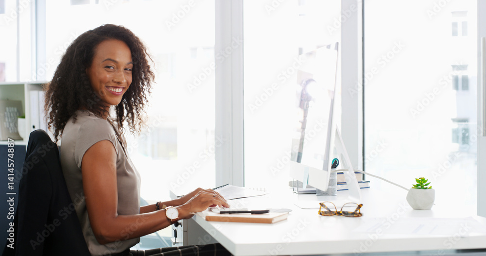 Business, portrait and woman in workplace, computer and research for climate change. Person, website info and employee in modern office, pc or connection for ecology and progress for renewable energy Business, portrait and woman in workplace, computer and research for climate change. Person, website info and employee in modern office, pc or connection for ecology and progress for renewable energy
