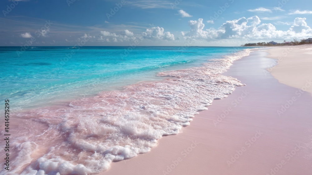 Fototapeta premium Turquoise Ocean Water and Pink Sand Beach Scene on Tropical Coastline