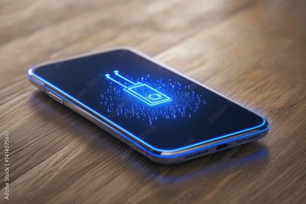 Futuristic Phone Displaying a Glowing Digital Key on a Wooden Surface Futuristic Phone Displaying a Glowing Digital Key on a Wooden Surface