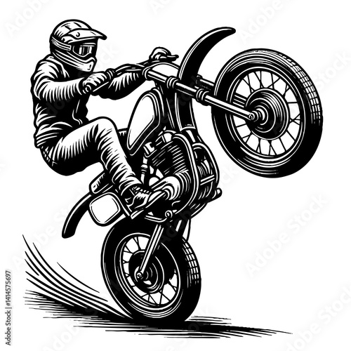 motorcyclist performing a wheelie on a dirt bike, drawn with engraving detail engraving generative ai sketch PNG illustration