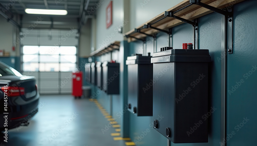 An organized garage featuring neatly stored car batteries, showcasing industrial equipment in a clean, modern setting., 3D render. An organized garage featuring neatly stored car batteries, showcasing industrial equipment in a clean, modern setting., 3D render.