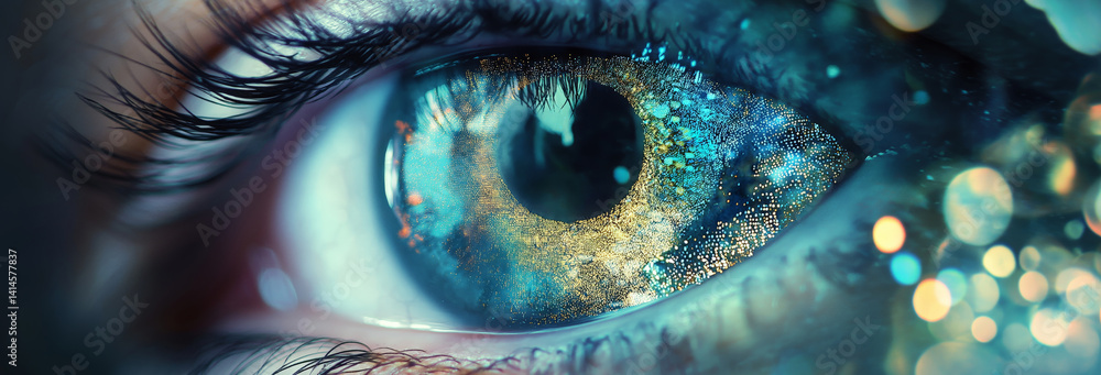 Woman's eye, new technology, programming languages, double exposure