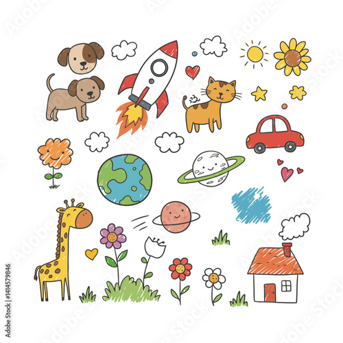 Colorful Childlike Doodle Set Featuring Animals, Space Elements, Vehicles, Nature, and a House in a Whimsical Style