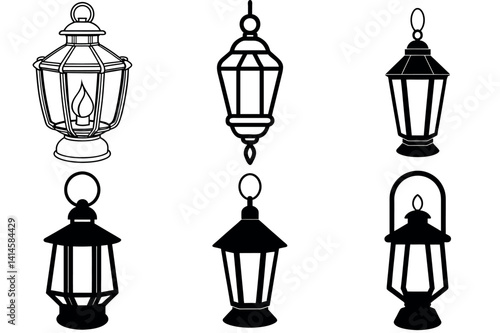 Collection of Six Different Lantern Designs Black and White Illustrations vector silhouette line arts