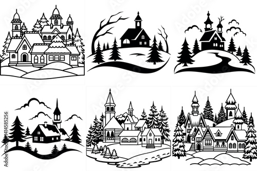 Collection of charming winter village scenes with snow covered houses churches and evergreen trees vector silhouette line arts