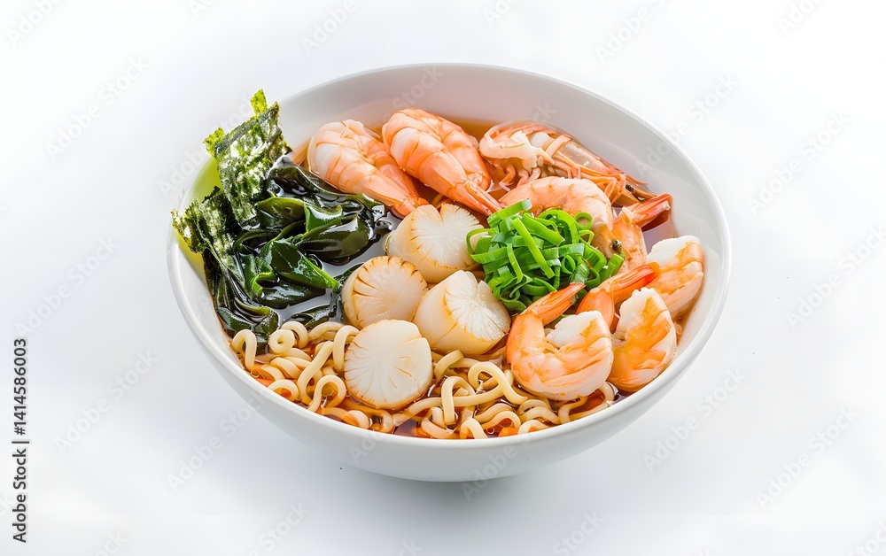Seafood ramen bowl with shrimp, scallops, noodles, seaweed, and green onions in broth. Delicious Asian soup. Seafood ramen bowl with shrimp, scallops, noodles, seaweed, and green onions in broth. Delicious Asian soup.