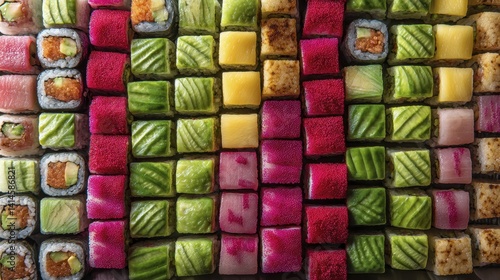 Wallpaper Mural A vibrant array of colorful sushi pieces, including various fish and vegetable rolls - sauce colorful crab bar boat Torontodigital.ca