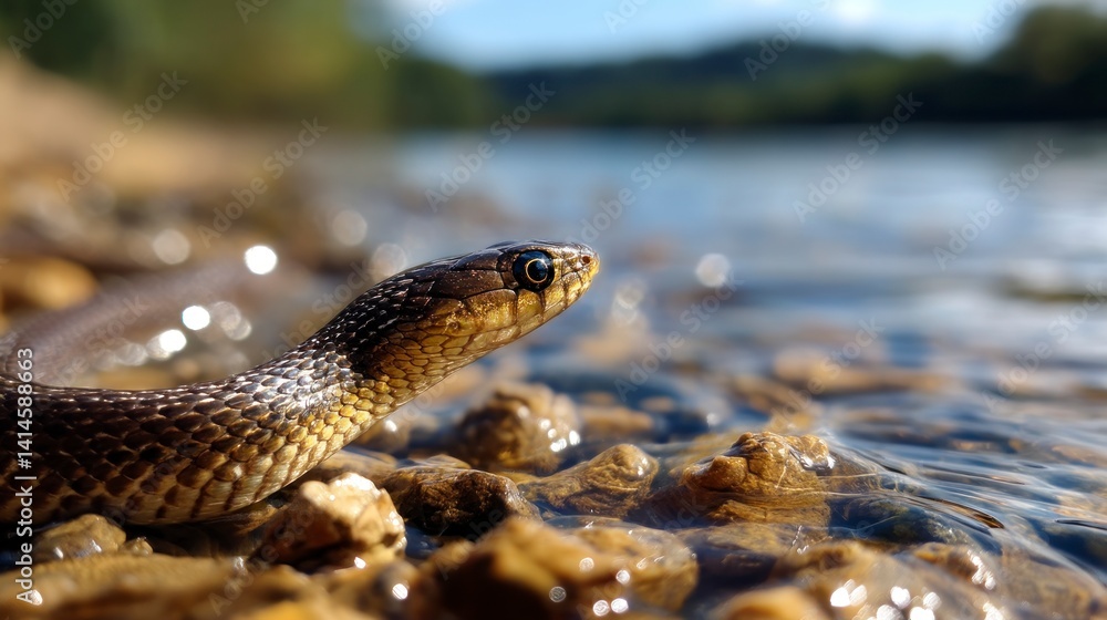 Fototapeta premium Snake Exploring Waters Edge on Rocky Shoreline in Natural Habitat