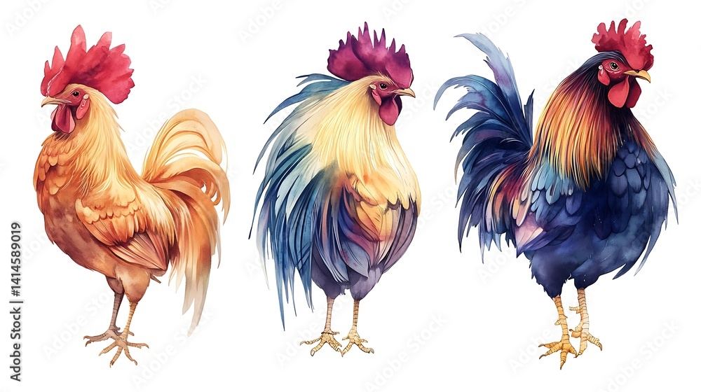 Fototapeta premium Three Roosters with Colorful, and Farm Animals.