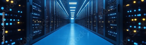 Advanced Data Center with Server Racks and LED Lighting for Digital Infrastructure