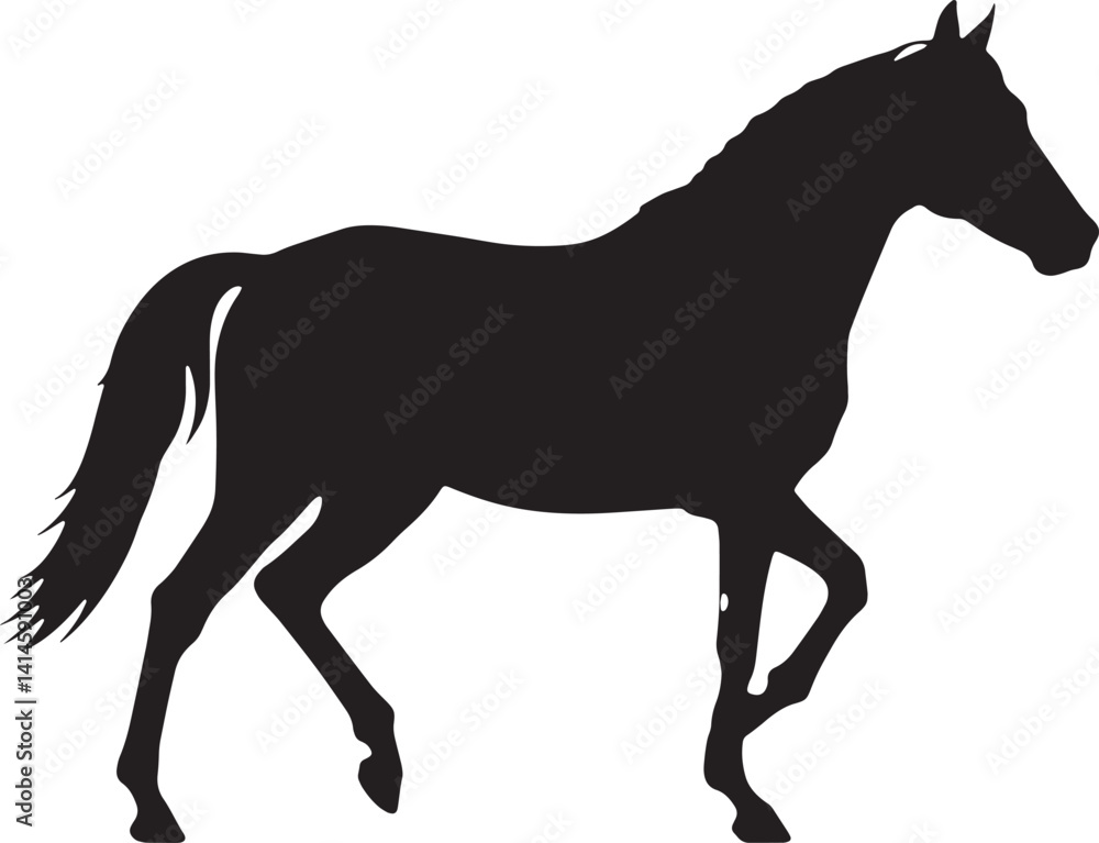 Obraz premium Elegant Horse Silhouette – Black Side View Trotting Pose with Flowing Mane and Tail