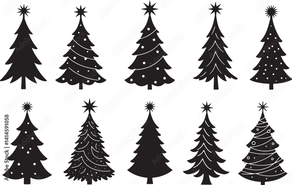 Obraz premium Christmas Tree Silhouettes – Black and White Stylized Holiday Icons with Ornaments and Stars