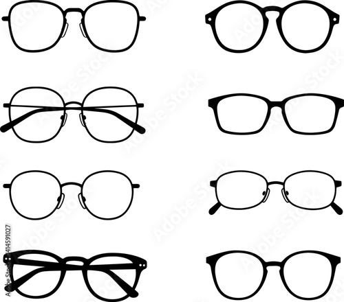Eyeglass Frames Collection – Black and White Minimalist Illustration of Various Shapes and Styles