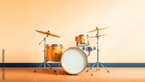 a vintage drum set leaning against a textured, rustic wall. The drums have a natural wood finish with a glossy sheen, showcasing a traditional body shape with a rounded belly and a narrow rack tom. 
