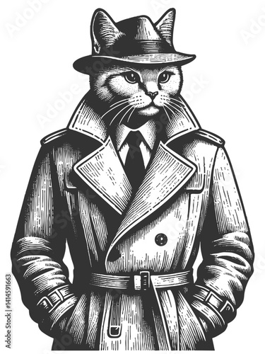 Detective Cat in Trench Coat and Fedora vector