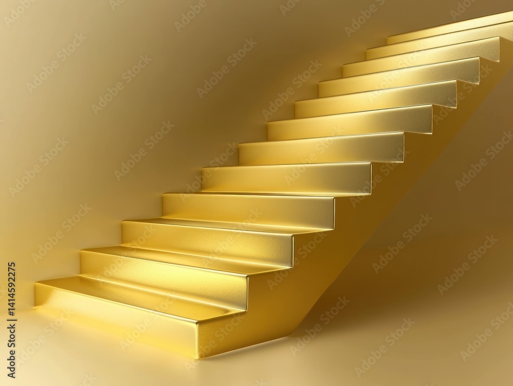 Golden Staircase to Success: A 3D Render of a Luxurious Golden Stairway Ascending Towards an Ambitious Future, Symbolizing Growth and Achievement