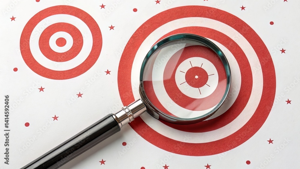 Accurate discovery concept featuring a magnifier centered on a red bullseye target for focus and analysis. Accurate discovery concept featuring a magnifier centered on a red bullseye target for focus and analysis.