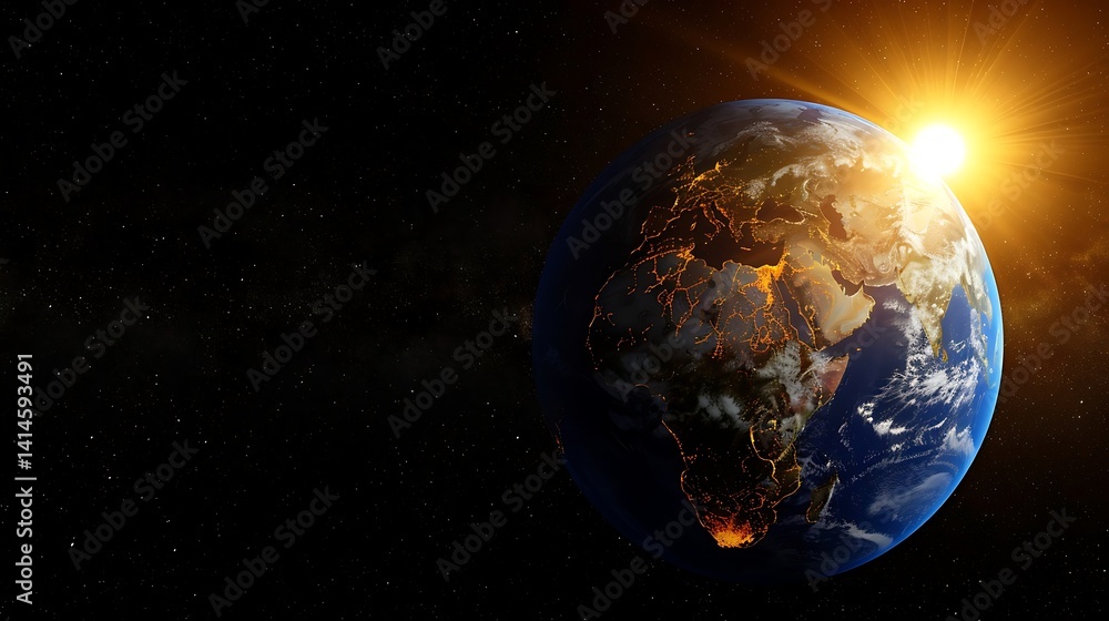 Fototapeta premium Earth at sunrise from space, showcasing Africa, Europe, and Asia continents