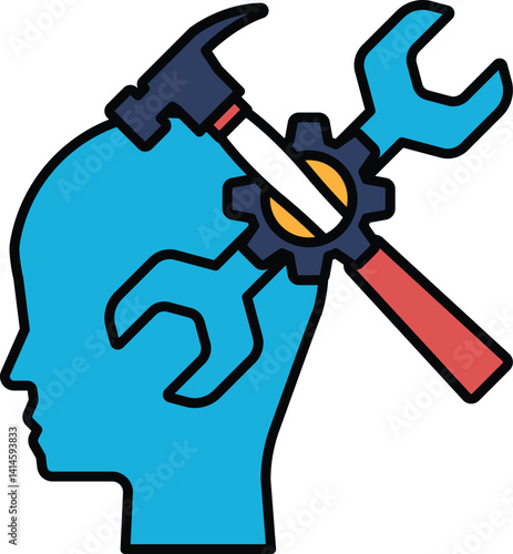 A blue head with a hammer and wrench on it