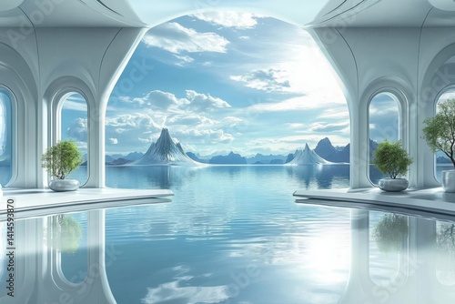 Serene lake view from a modern architectural interior with mountains in the distance