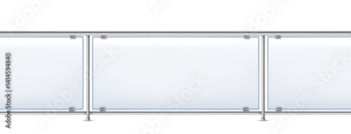 Glass balcony balcony rail with sleek metal posts and realistic reflections. Balcony railing or terrace barrier design for contemporary construction PNG
