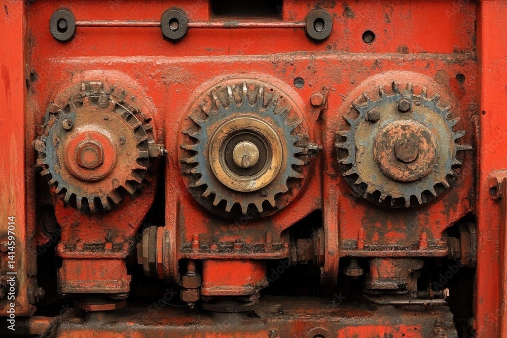Close-Up of Weathered Industrial Machine Gears in Red Painted Steel Housing Close-Up of Weathered Industrial Machine Gears in Red Painted Steel Housing