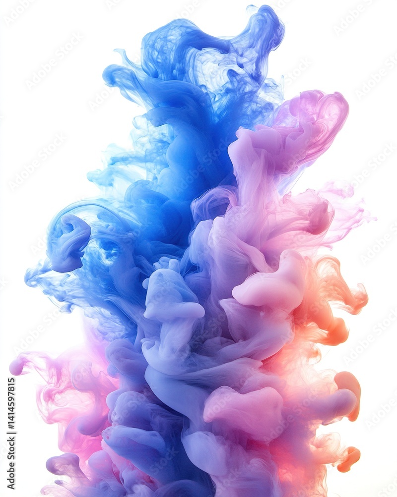 Fototapeta premium Abstract fluid art composition featuring dynamic ink droplets in vibrant blue and pink forming organic shapes and high contrast patterns on a pure white background.