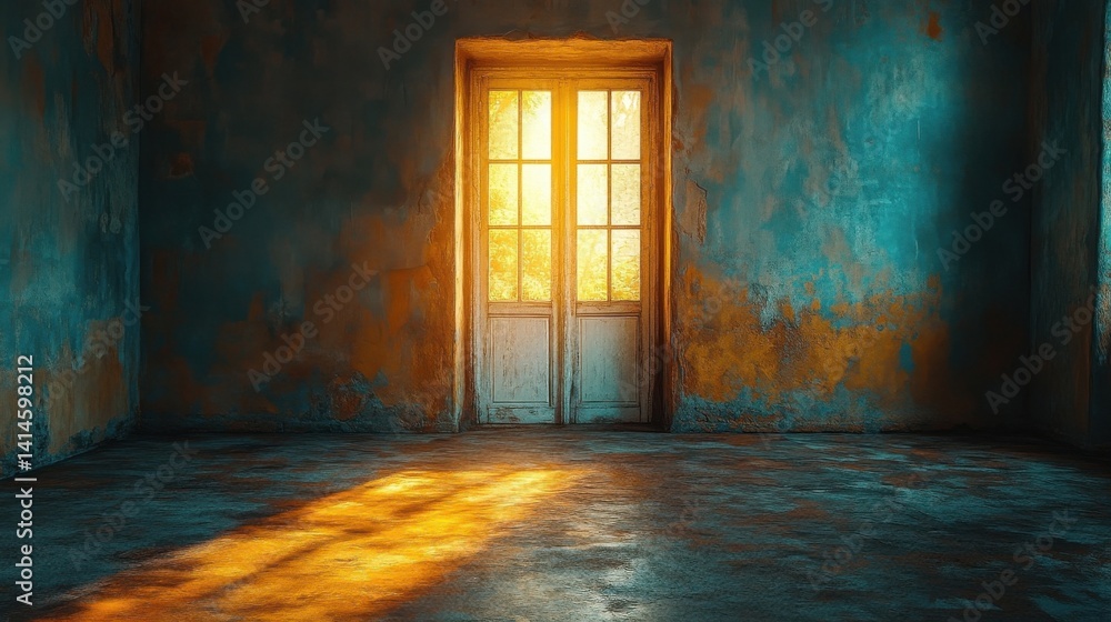 Obraz premium Old Door And Window With Natural Sunlight Entering Abandoned Room