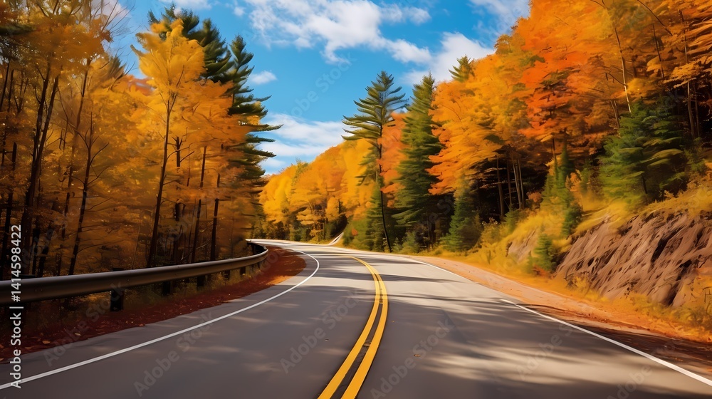 Naklejka premium A winding road through vibrant autumn foliage in a picturesque mountain landscape.