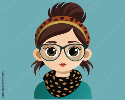 Cute Cartoon Girl with Glasses and Headband. Digital Illustration