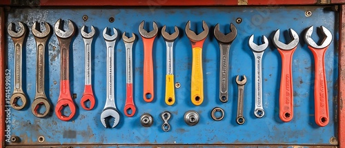 Wrenches Organized on a Blue Panel