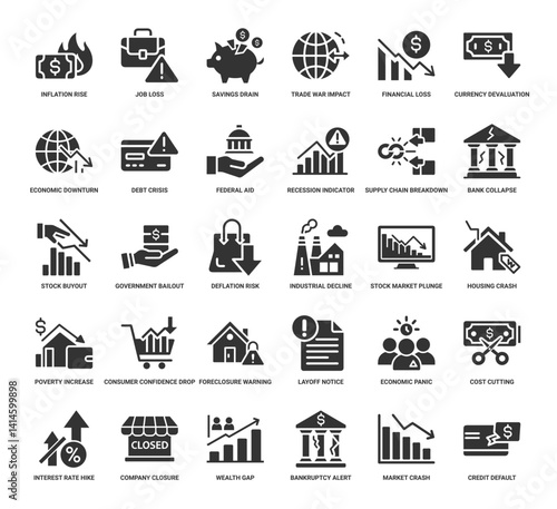 economy recession icon set, plunge poverty housing industrial market crash stock decline increase