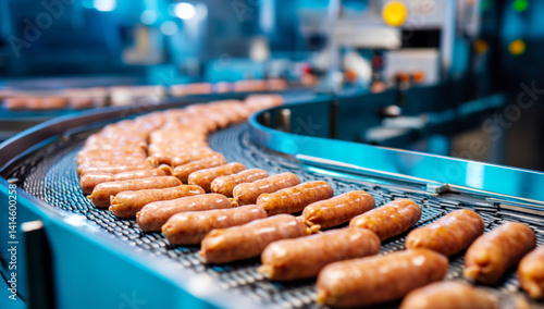 Obraz na płótnie Rows of quality sausages on factory assembly line. Food industrial production of pork meat with copy space w salonie
