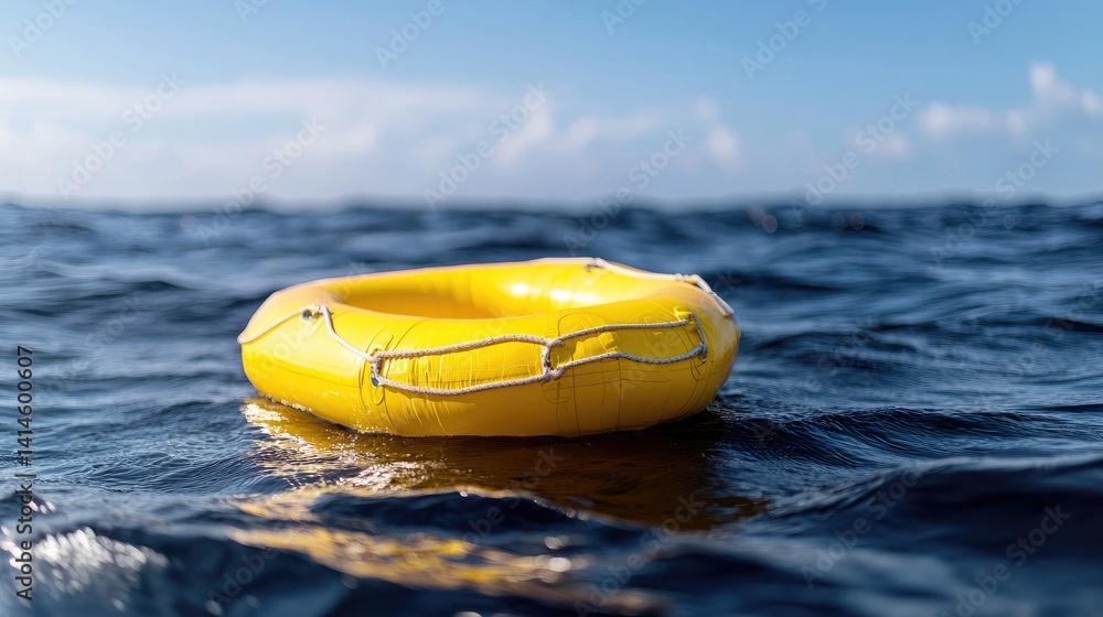 Obraz premium Yellow inflatable ring floating on ocean waves summer vacation relaxation travel