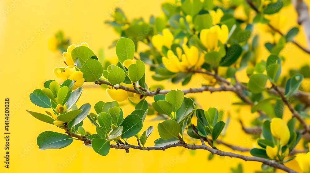 Obraz premium Vibrant yellow flower blossoms with lush green leaves on a sun-drenched background