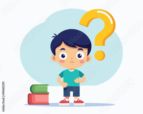 Confused Boy with Question Mark. Illustration of a Curious Child