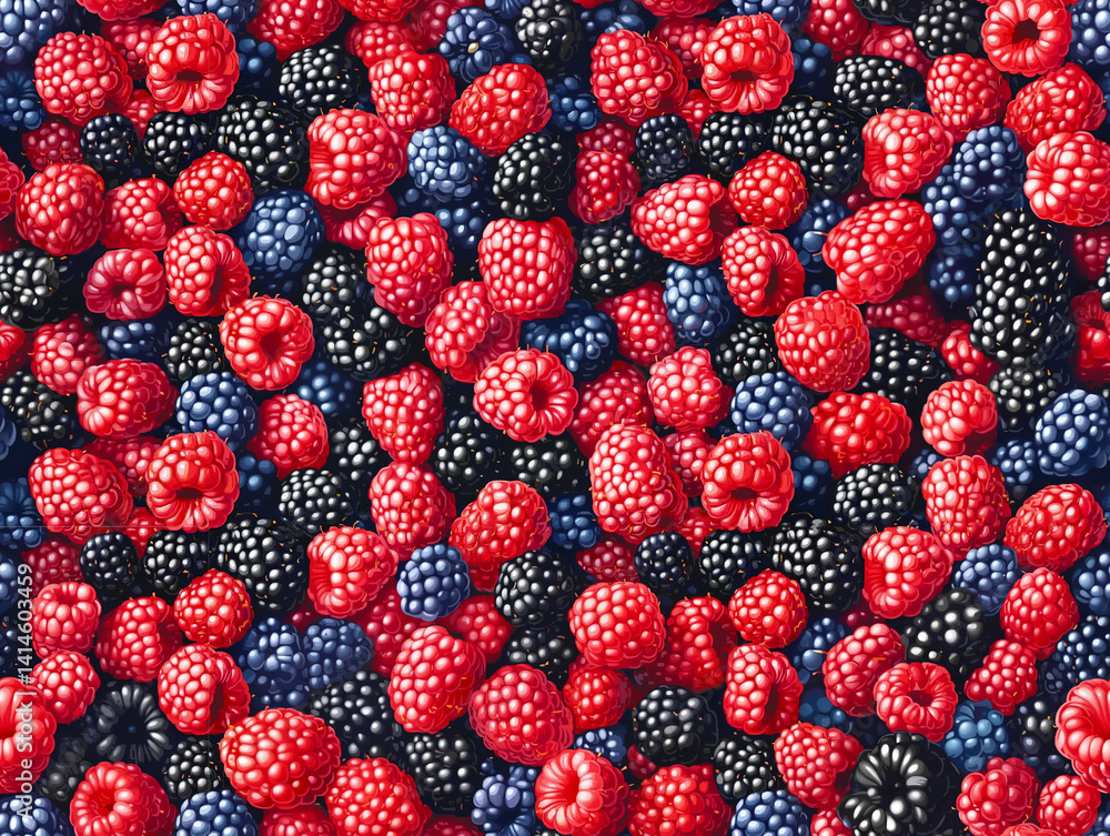 Assorted ripe berries scattered on a vibrant background in a close-up view, seamless background Assorted ripe berries scattered on a vibrant background in a close-up view, seamless background