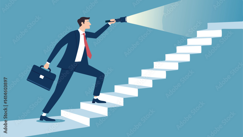 Businessman Ascending Stairs Illuminating Path With Flashlight Symbolizing Vision And Career Advancement With Suitcase Against Blue Background Businessman Ascending Stairs Illuminating Path With Flashlight Symbolizing Vision And Career Advancement With Suitcase Against Blue Background