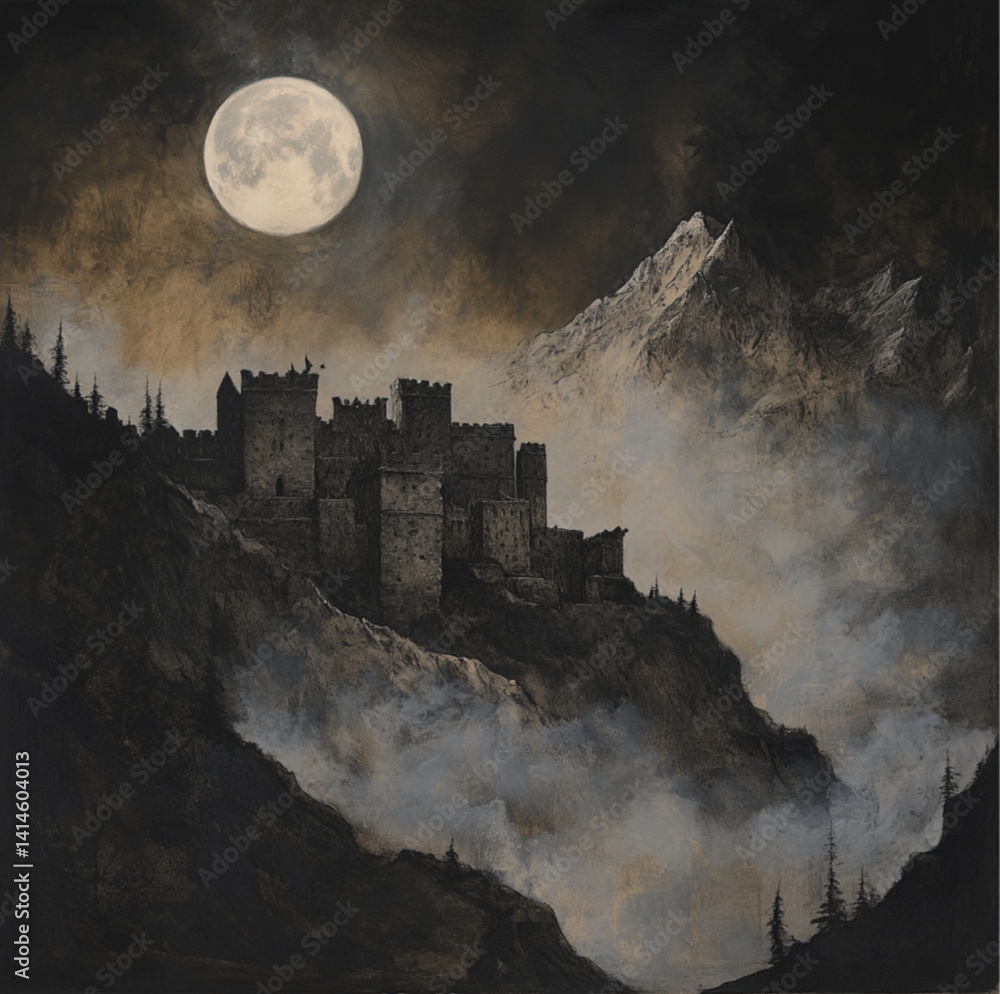 dark fantasy art of a stone castle in the mountains, under the full moon with fog.